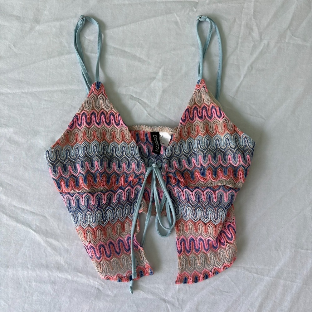 H&M Divided Womens Multicolor Crochet Knit Wave Print Crop Whimsical Top Size S